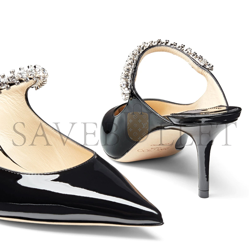 JIMMY CHOO BING 65 BLACK PATENT LEATHER MULES WITH CRYSTAL STRAP BING65PAT JIMMY CHOO BING 65 BLACK PATENT LEATHER MULES WITH CRYSTAL STRAP BING65PAT